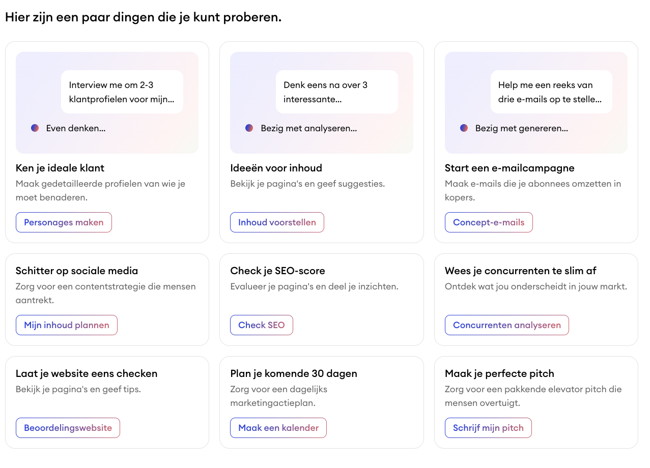 Companion helpsectie in het Jimdo dashboard met voorgestelde prompts en voorbeeldvragen die gebruikers helpen om met de AI assistent te werken.