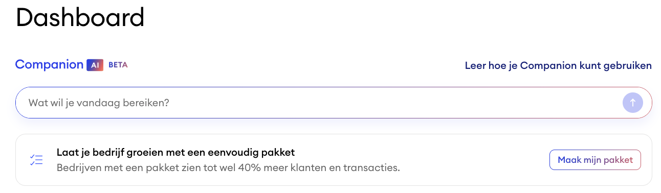 Jimdo dashboard met het Companion AI invoerveld waar gebruikers hun doel of vraag kunnen invoeren om gepersonaliseerde suggesties en acties te ontvangen.