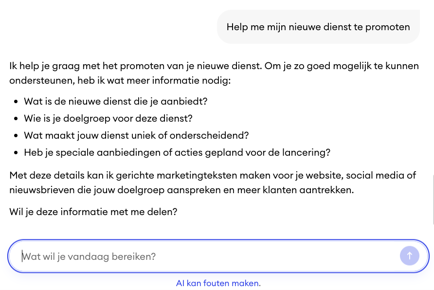 Companion AI chat in het Jimdo dashboard met een gegenereerde reactie op een vraag van een gebruiker, inclusief voorgestelde acties en begeleiding op maat.