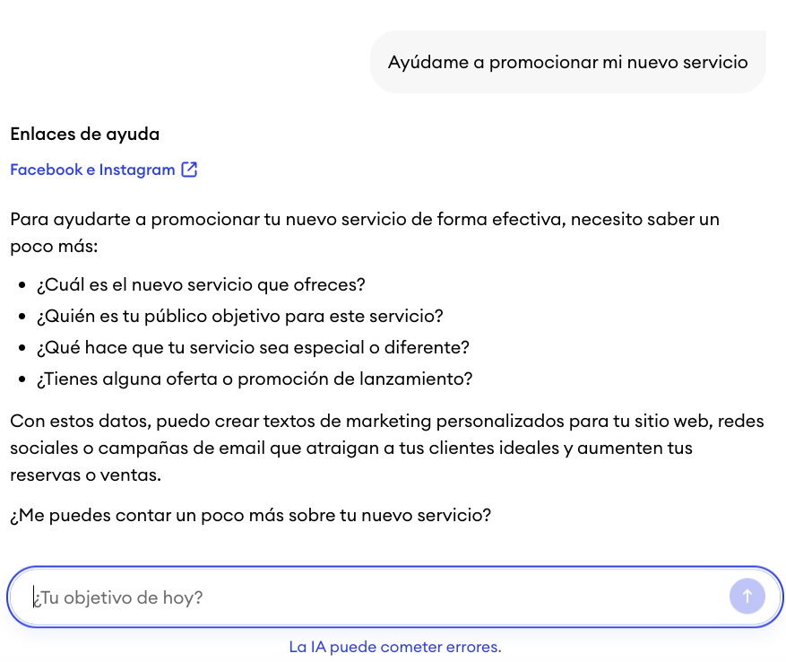 Chat de Companion en el panel de control de Jimdo mostrando una respuesta generada con acciones sugeridas y orientación personalizada.