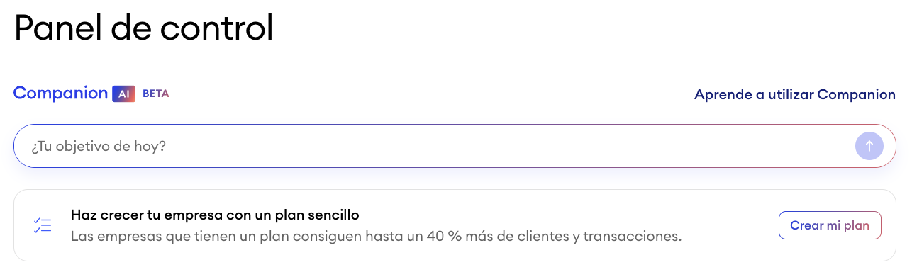 Panel de control de Jimdo mostrando el campo de entrada de Companion donde los usuarios pueden escribir su objetivo o pregunta para recibir sugerencias y acciones personalizadas.