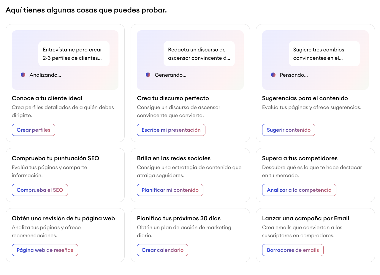 Sección de ayuda de Companion en el panel de control de Jimdo con sugerencias y ejemplos de preguntas para interactuar con el asistente de IA.