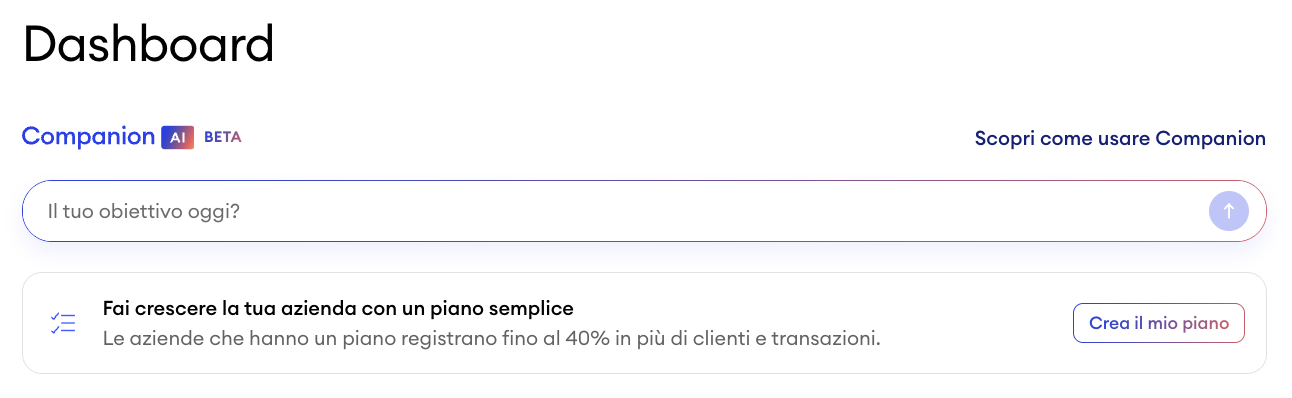 Dashboard Jimdo con il campo di input di Companion dove gli utenti possono inserire il loro obiettivo o domanda per ricevere suggerimenti e azioni personalizzate.