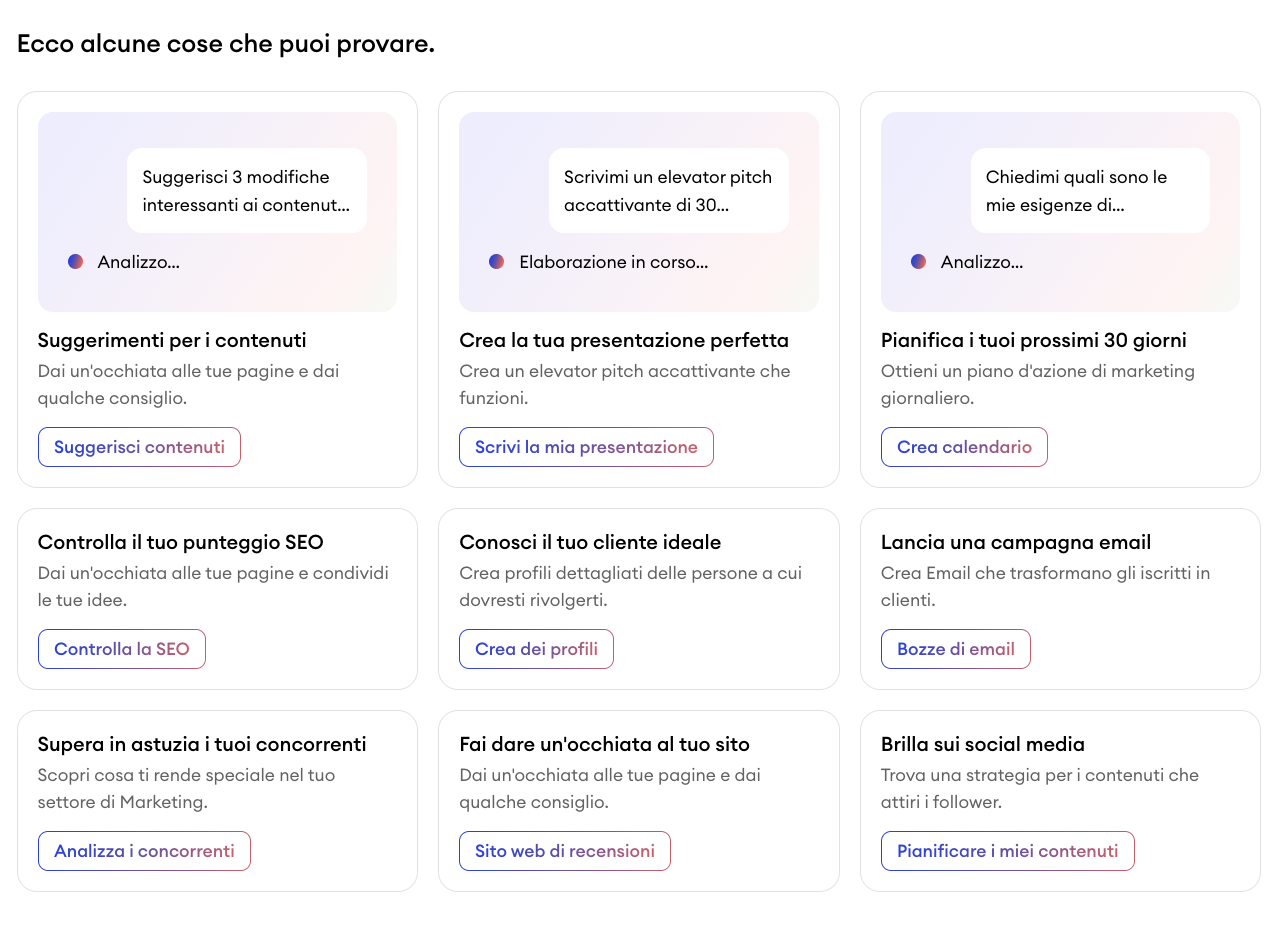 Sezione di aiuto di Companion nella dashboard Jimdo con suggerimenti ed esempi di domande per aiutare gli utenti a interagire con l’assistente AI.