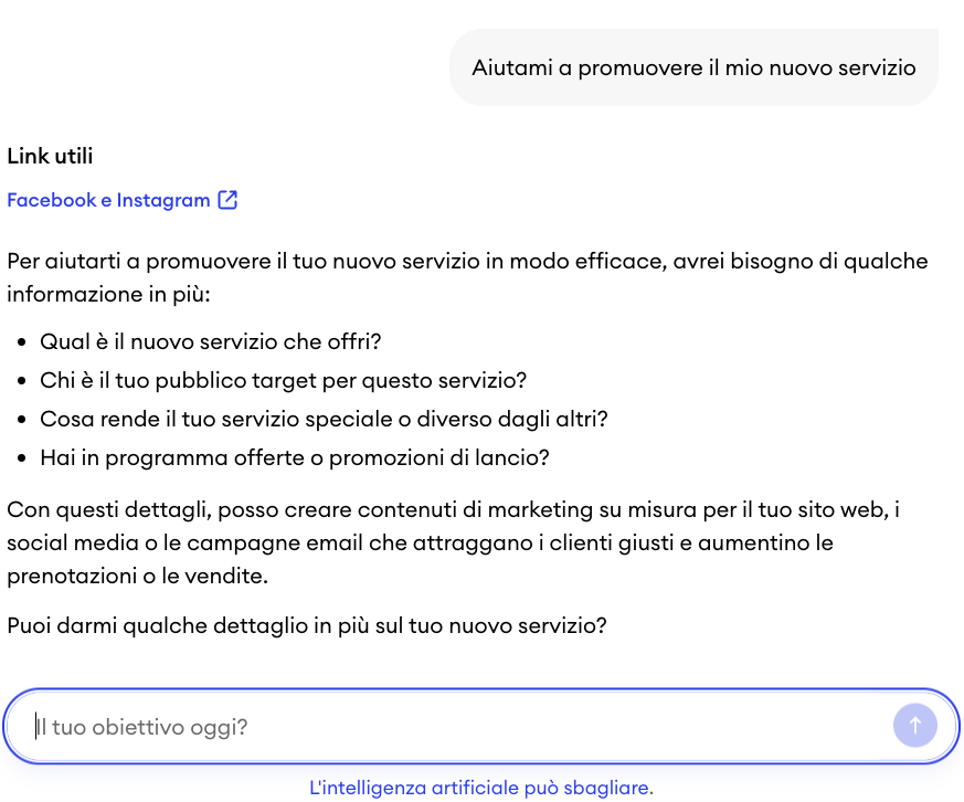 Chat di Companion nella dashboard Jimdo con una risposta generata che include azioni suggerite e indicazioni personalizzate.