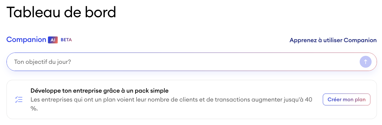 Tableau de bord Jimdo montrant le champ de saisie de Companion où les utilisateurs peuvent entrer leur objectif ou leur question pour recevoir des सुझाव et actions personnalisées.