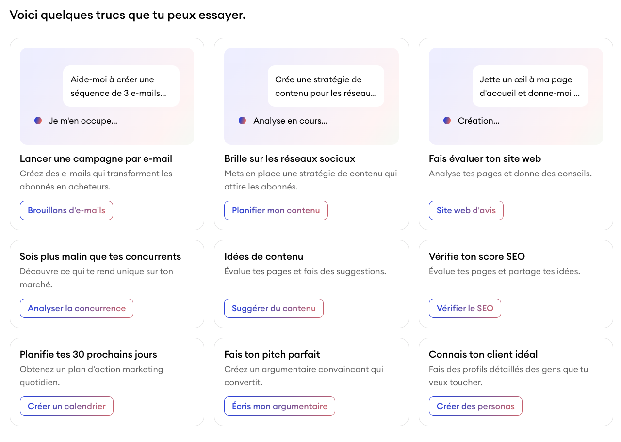 Section d’aide Companion dans le tableau de bord Jimdo avec des suggestions et des exemples de questions pour aider les utilisateurs à interagir avec l’assistant IA.