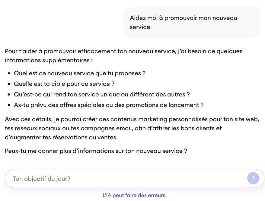 Chat Companion dans le tableau de bord Jimdo affichant une réponse générée avec des actions suggérées et des conseils personnalisés.