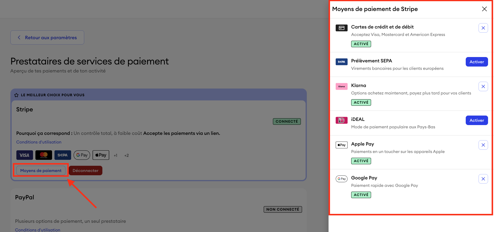 Paramètres de paiement Jimdo avec Customize payment methods mis en évidence et options disponibles affichées à droite.