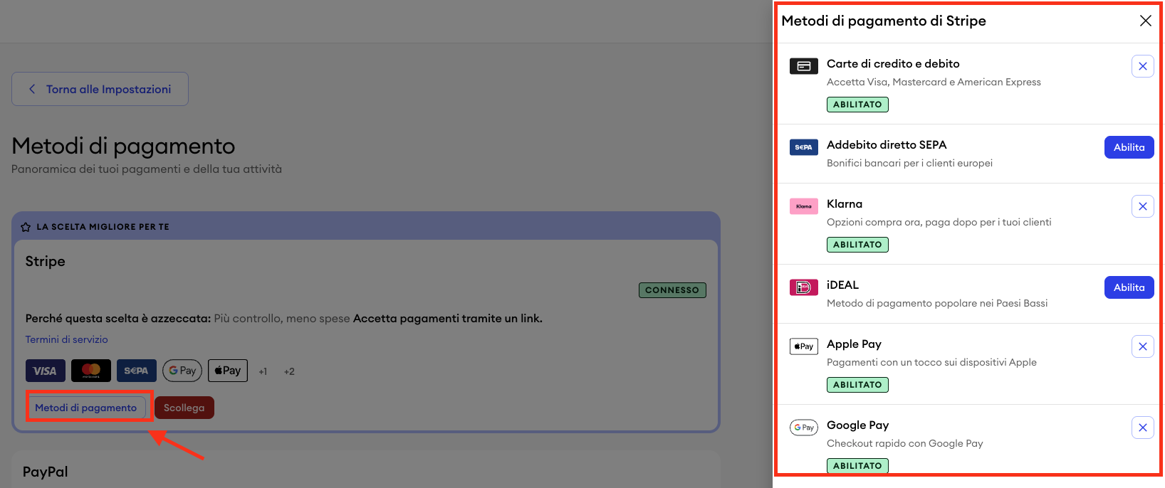 Impostazioni dei pagamenti Jimdo con Customize payment methods evidenziato e opzioni disponibili a destra.