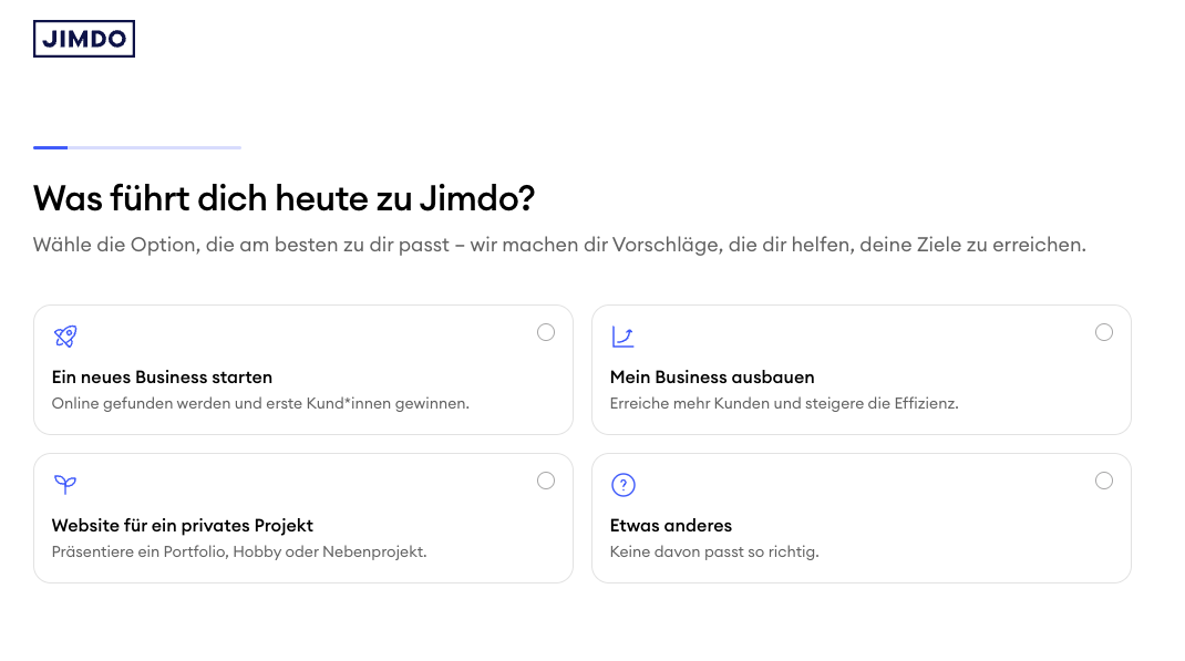 Screenshot des ersten Schritts im Jimdo Website Wizard, in dem Nutzer auswählen, warum sie eine Website erstellen möchten, zum Beispiel ein Business starten, wachsen oder eine persönliche Seite erstellen.