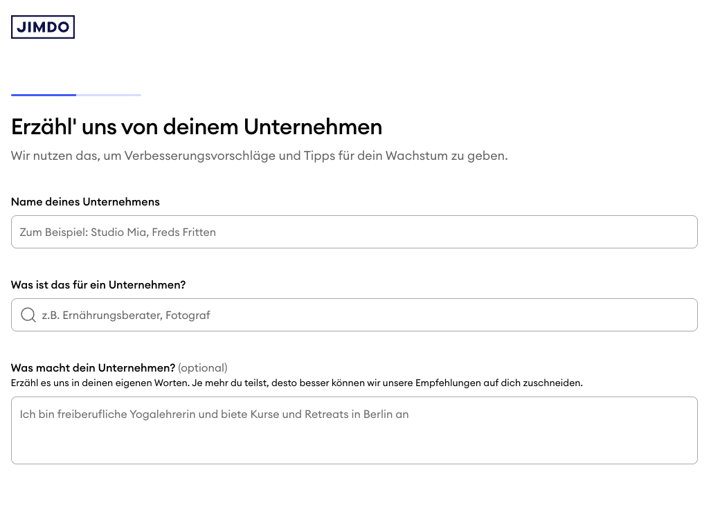 Screenshot des Schritts Tell us about your business im Jimdo Website Wizard, in dem Nutzer ihren Businessnamen eingeben, eine Kategorie auswählen und optional eine Beschreibung hinzufügen