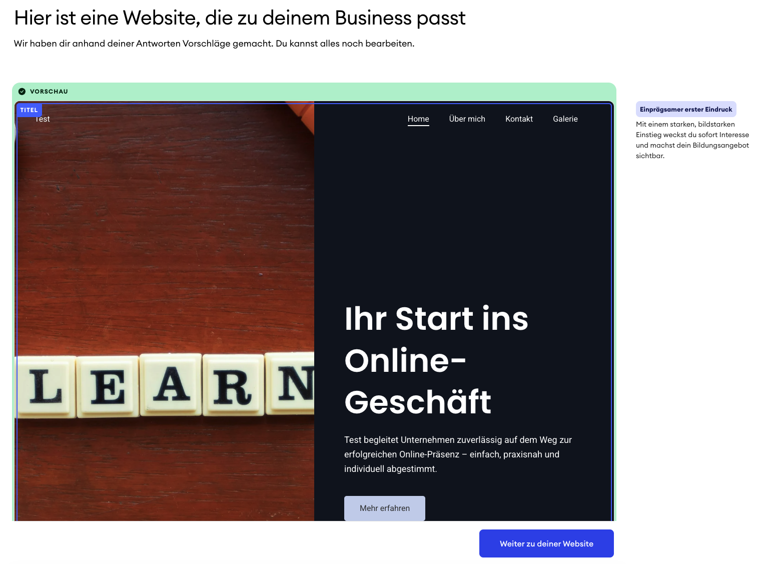 Screenshot der vom Wizard erstellten Website Vorschau, die das automatisch generierte Design mit Struktur, Inhalten und Layout zeigt