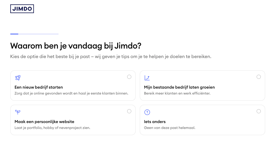 Screenshot van de eerste stap in de Jimdo website wizard, waarin gebruikers hun doel kiezen, zoals een bedrijf starten, laten groeien of een persoonlijke site maken.