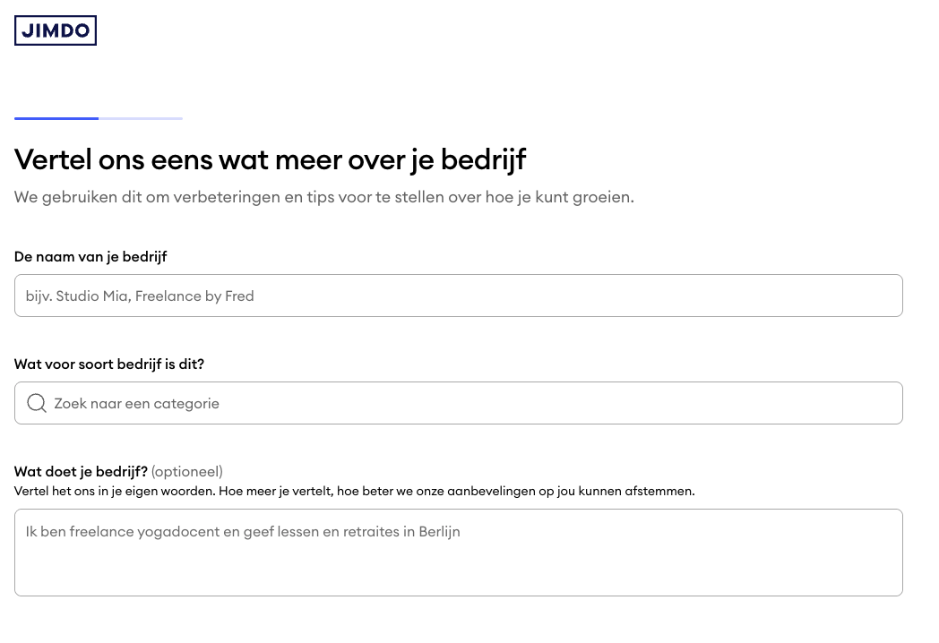 Screenshot van de stap Vertel ons over je bedrijf in de Jimdo wizard, waarin gebruikers hun bedrijfsnaam invoeren, een categorie kiezen en optioneel een beschrijving toevoegen