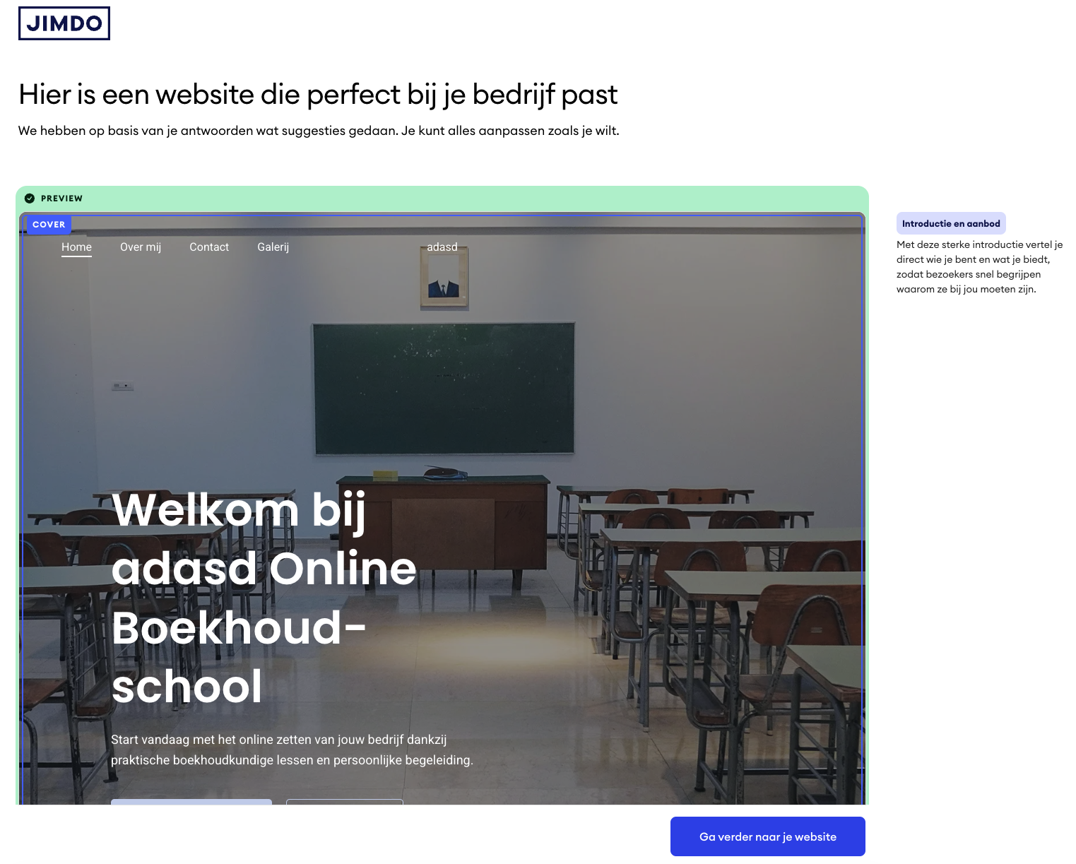 Screenshot van de door de wizard gemaakte website preview, met automatisch gegenereerd ontwerp, structuur en content