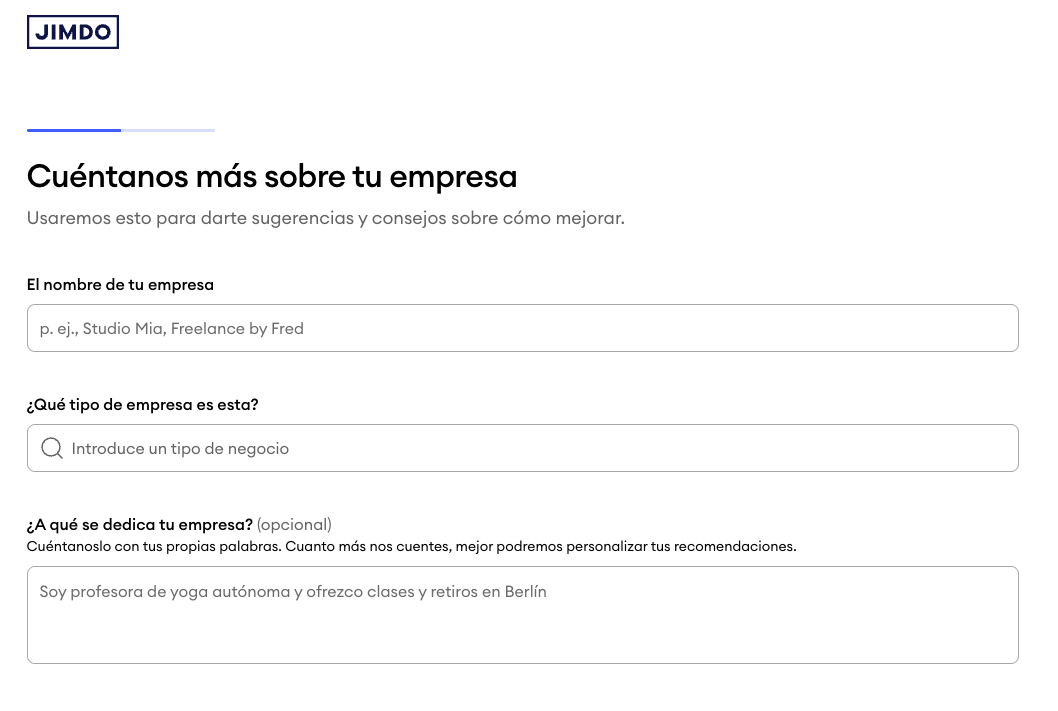 Captura de pantalla del paso Cuéntanos sobre tu negocio en el asistente de Jimdo, donde los usuarios introducen el nombre de su negocio, eligen una categoría y añaden opcionalmente una descripción