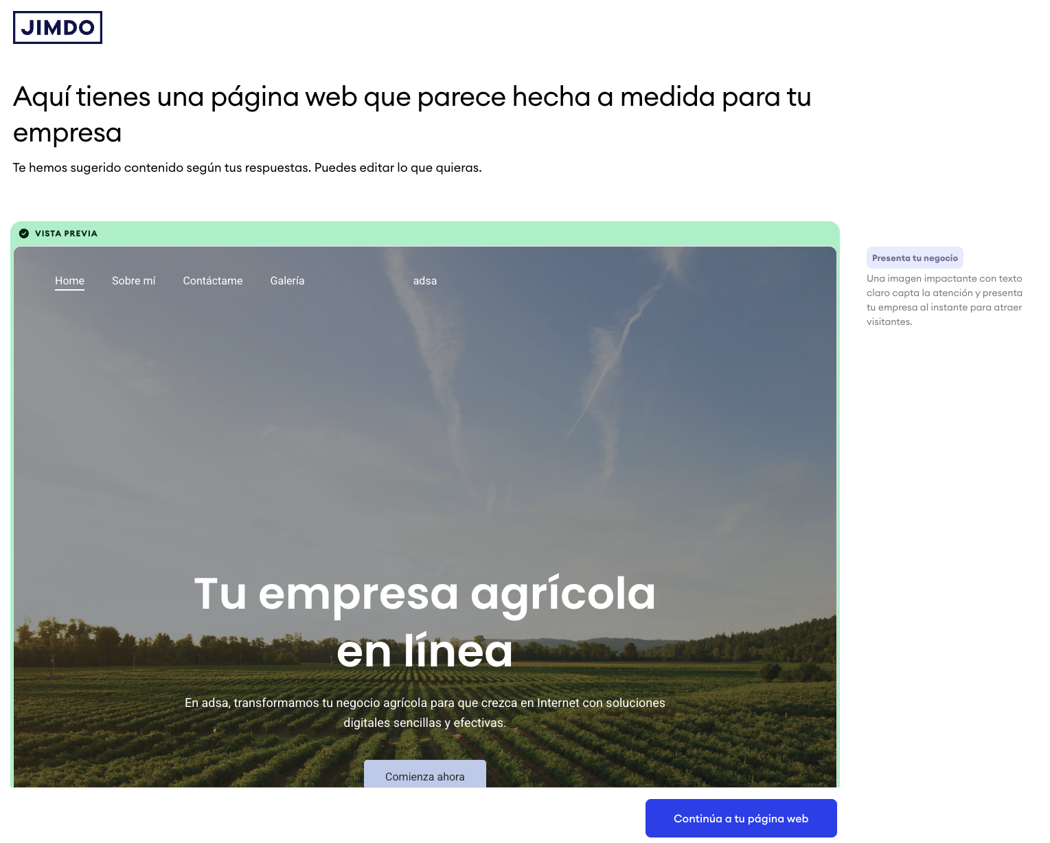 Captura de pantalla de la vista previa del sitio web creado por el asistente, mostrando el diseño generado automáticamente con estructura, contenido y maquetación