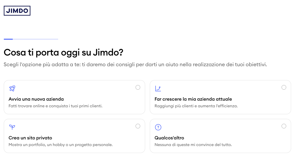 Screenshot del primo passo del wizard Jimdo per la creazione del sito web, in cui gli utenti selezionano il loro obiettivo principale, come avviare un business, farlo crescere o creare un sito personale.