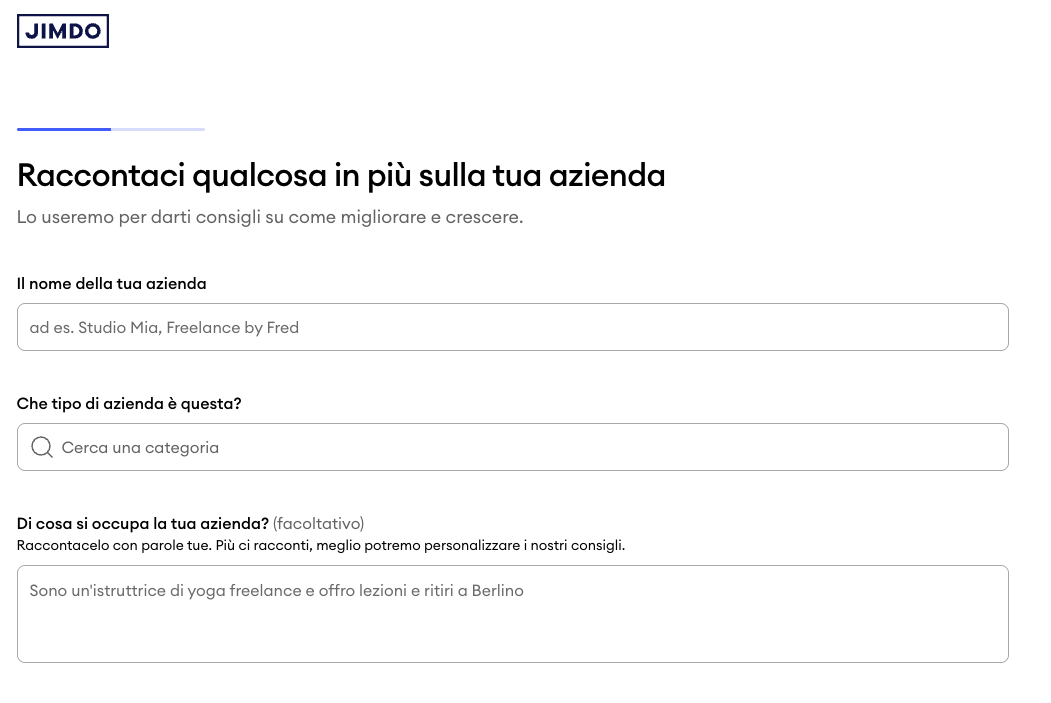 Screenshot del passaggio Parlaci del tuo business nel wizard Jimdo, in cui gli utenti inseriscono il nome dell’attività, scelgono una categoria e aggiungono facoltativamente una descrizione