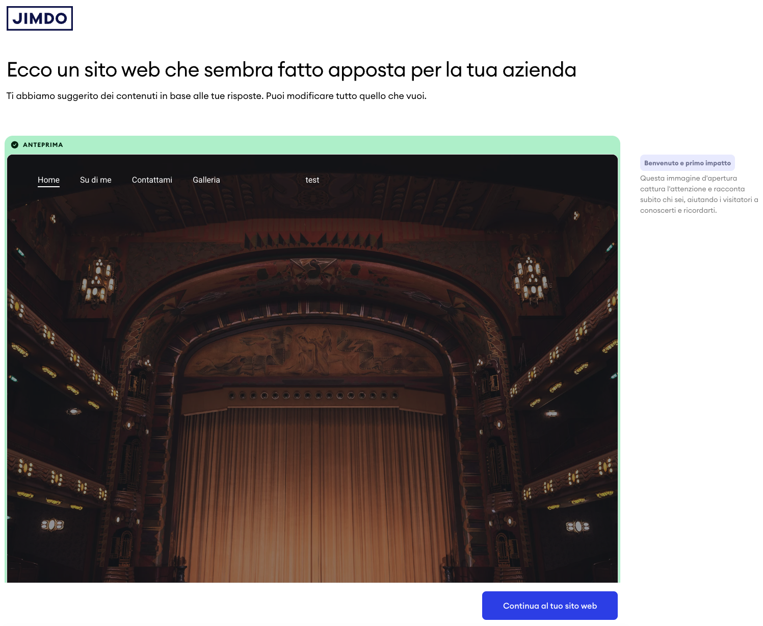 Screenshot dell’anteprima del sito web creato dal wizard, che mostra il design generato automaticamente con layout, struttura e contenuti