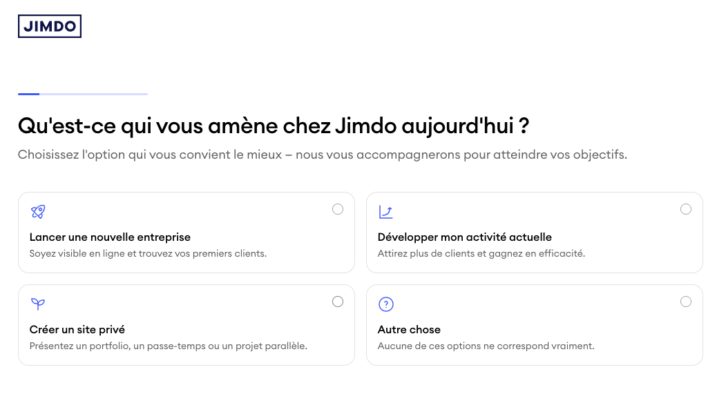 Capture d’écran de la première étape de l’assistant Jimdo, où les utilisateurs choisissent leur objectif principal, comme lancer une activité, la développer ou créer un site personnel.