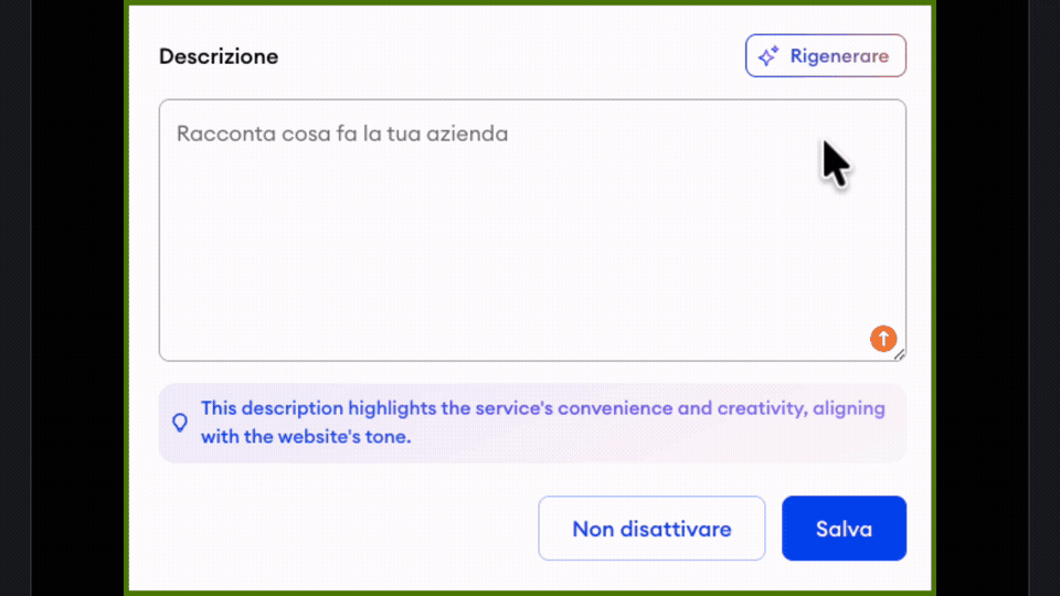 GIF animata che mostra come rigenerare una descrizione nel Profilo Aziendale di Jimdo utilizzando il pulsante Rigenera per creare una nuova versione generata dall’IA.