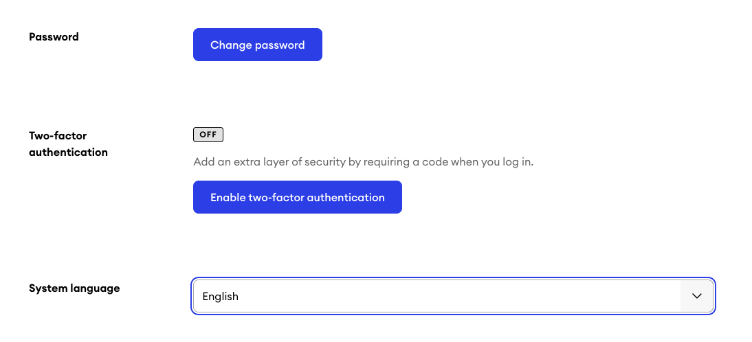 Profile settings with two-factor authentication disabled (status Off) and a button to activate the feature.