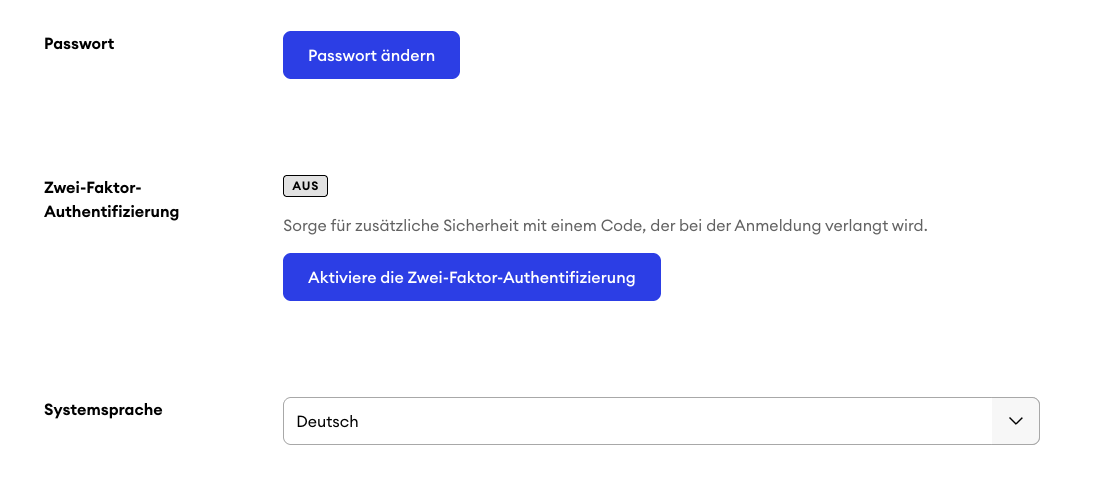 Profileinstellungen mit deaktivierter Zwei-Faktor-Authentifizierung (Status Aus) sowie einer Schaltfläche zur Aktivierung der Funktion.