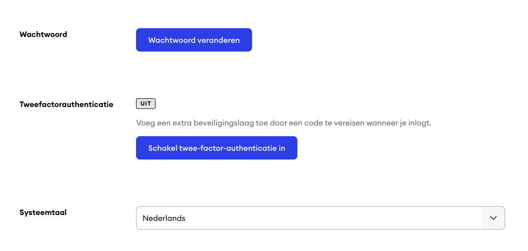 Profielinstellingen met uitgeschakelde twee-factor-authenticatie (status Uit) en een knop om de functie te activeren.