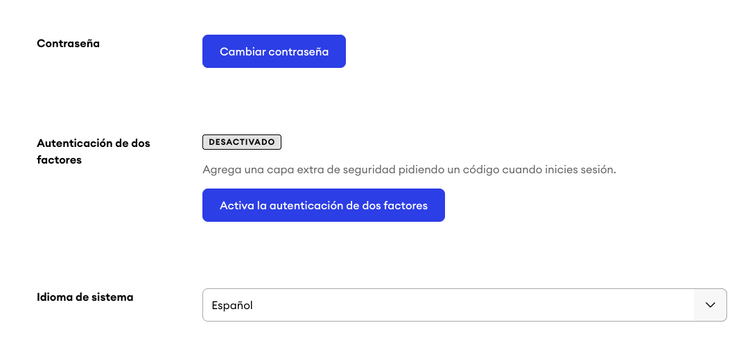 Configuración del perfil con la autenticación en dos factores desactivada (estado Desactivado) y un botón para activar la función.