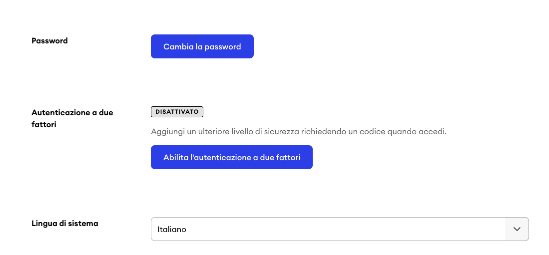 Impostazioni del profilo con autenticazione a due fattori disattivata e un pulsante per attivare la funzione.