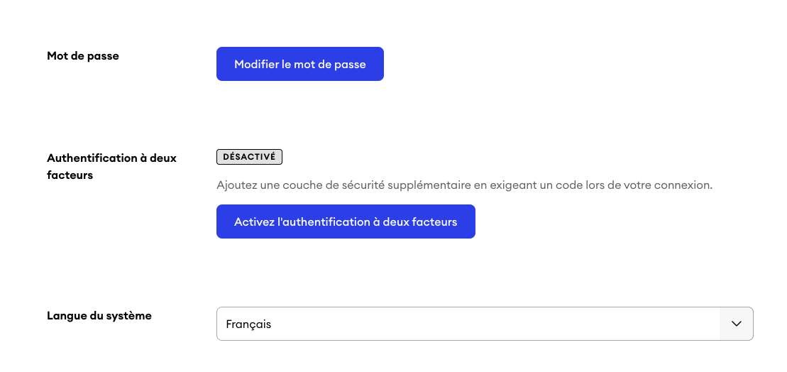 Paramètres du profil avec l’authentification à deux facteurs désactivée et un bouton pour activer la fonctionnalité.