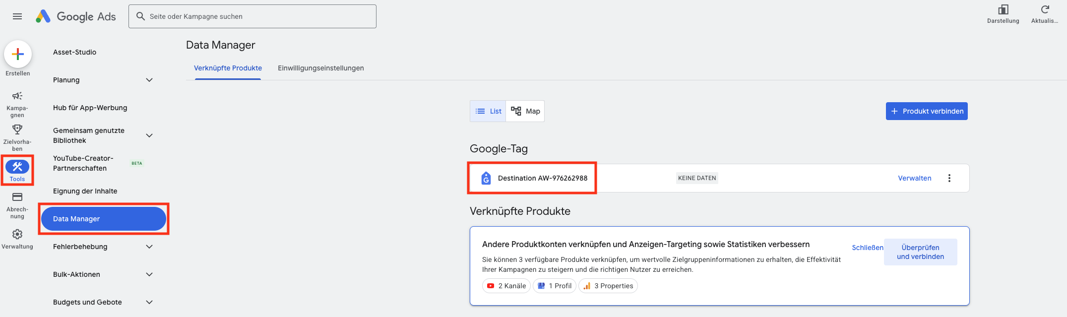 Google Ads Oberfläche im Bereich Data manager mit geöffnetem Menü Tools, hervorgehobener Navigation zu Data manager sowie sichtbarer Destination ID im Abschnitt Google tag.
