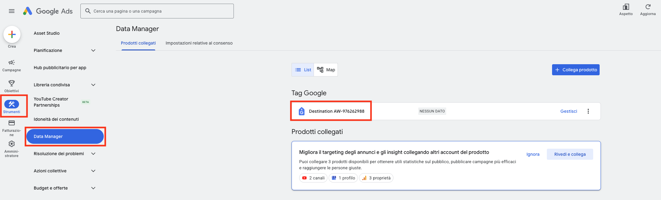 Interfaccia di Google Ads nella sezione Data manager con il menu Tools aperto, navigazione evidenziata verso Data manager e Destination ID visibile nella sezione Google tag.