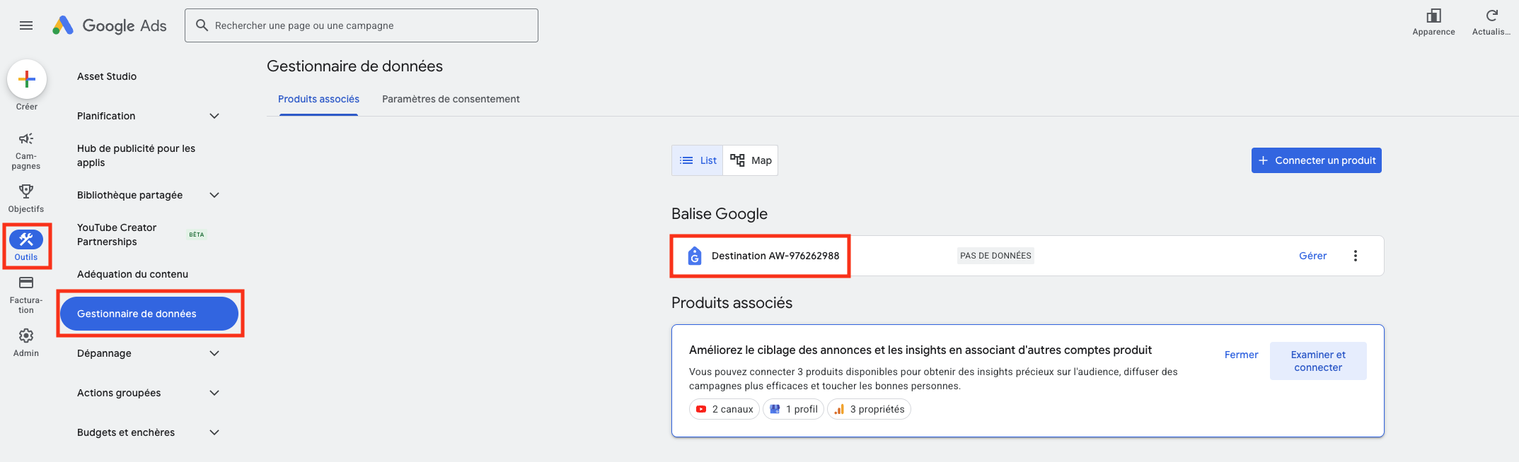 Interface Google Ads dans la section Data manager avec le menu Tools ouvert, navigation mise en évidence vers Data manager et Destination ID visible dans la section Google tag.