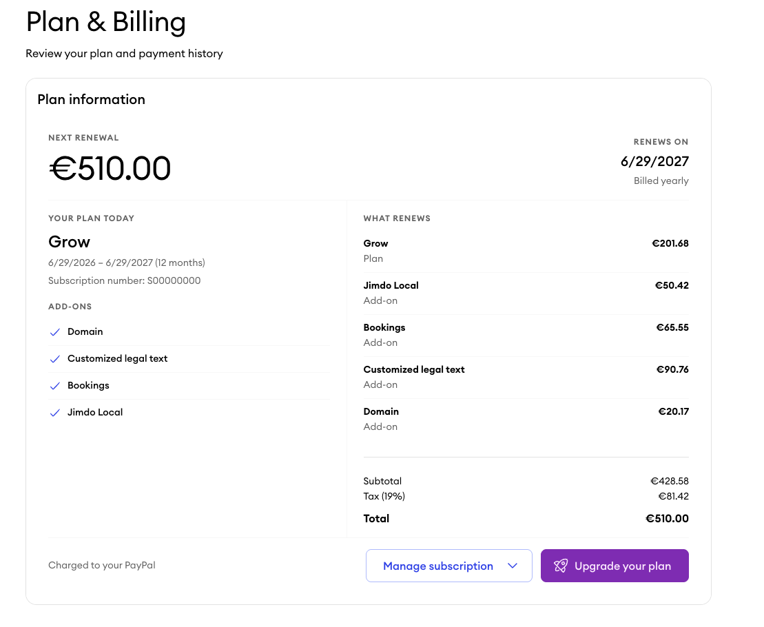 Screenshot of the Jimdo Dashboard showing the What you see on the page section with a detailed subscription breakdown, including the main plan, add-ons as separate line items, pricing summary, renewal date, and any applied discounts