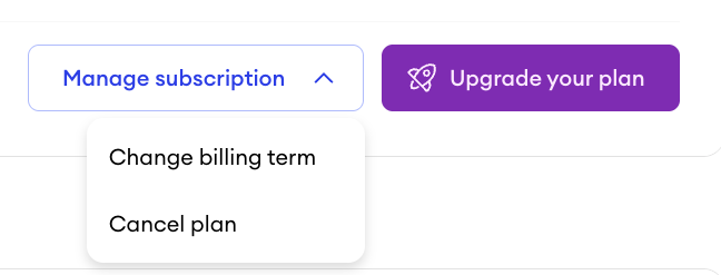 Screenshot of the Manage subscription menu in the Jimdo Dashboard showing options to change the billing term and cancel the plan, with available actions clearly listed for the current subscription