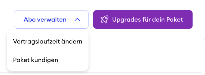 Screenshot des Menüs Abonnement verwalten im Jimdo Dashboard mit Optionen zum Ändern des Abrechnungszeitraums und zum Kündigen des Pakets
