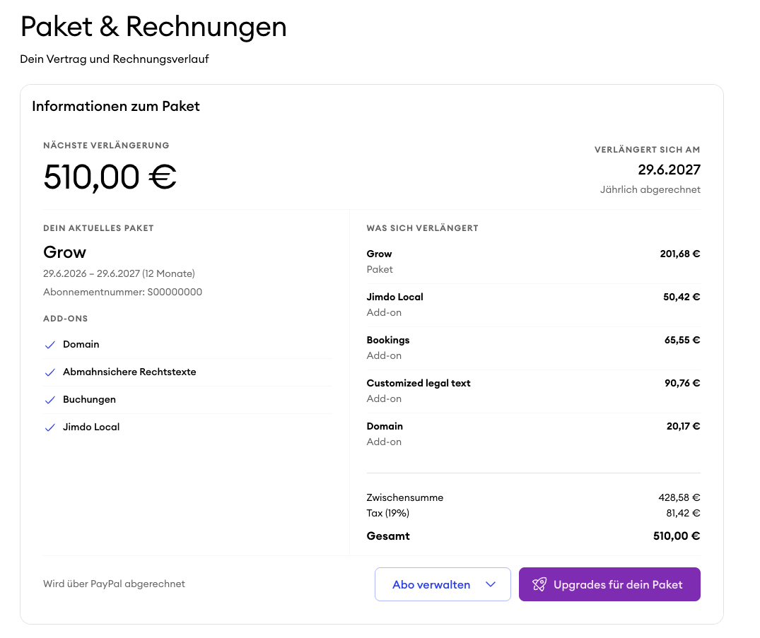 Screenshot des Jimdo Dashboards mit dem Bereich Was du auf der Seite siehst, inklusive detaillierter Übersicht des Abonnements mit Hauptpaket, Add-ons als einzelne Einträge, Preisübersicht, Verlängerungsdatum und angewendeten Rabatten
