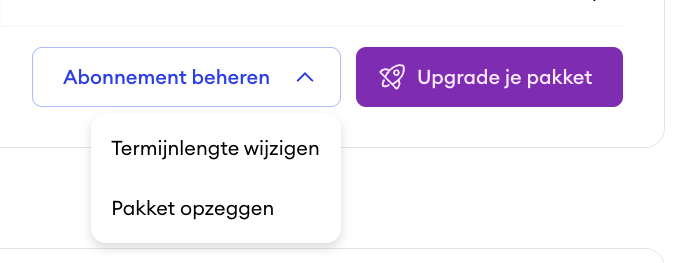 Screenshot van het menu Abonnement beheren in het Jimdo dashboard met opties om de factureringsperiode te wijzigen en het pakket op te zeggen