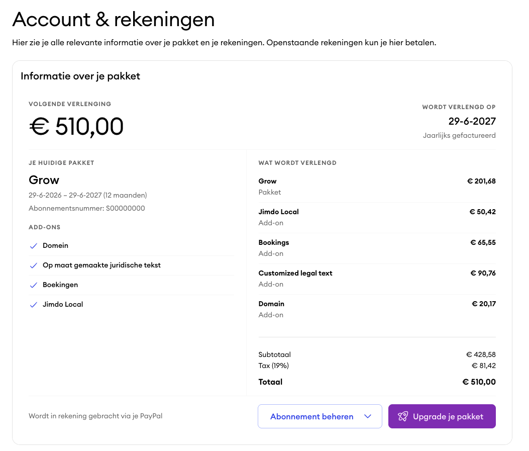 Screenshot van het Jimdo dashboard met de sectie Wat je op de pagina ziet, inclusief een gedetailleerd overzicht van het abonnement met hoofdpakket, add-ons als afzonderlijke regels, prijsoverzicht, verlengingsdatum en toegepaste kortingen