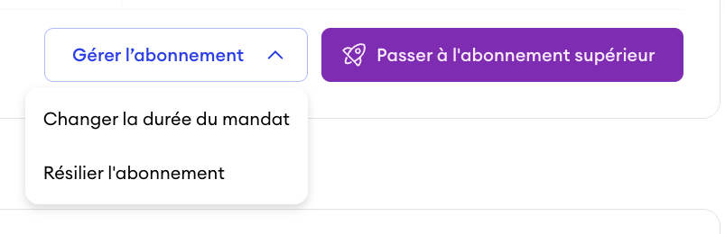 Capture d’écran du menu Gérer l’abonnement dans le tableau de bord Jimdo montrant les options pour modifier la période de facturation et résilier le forfait