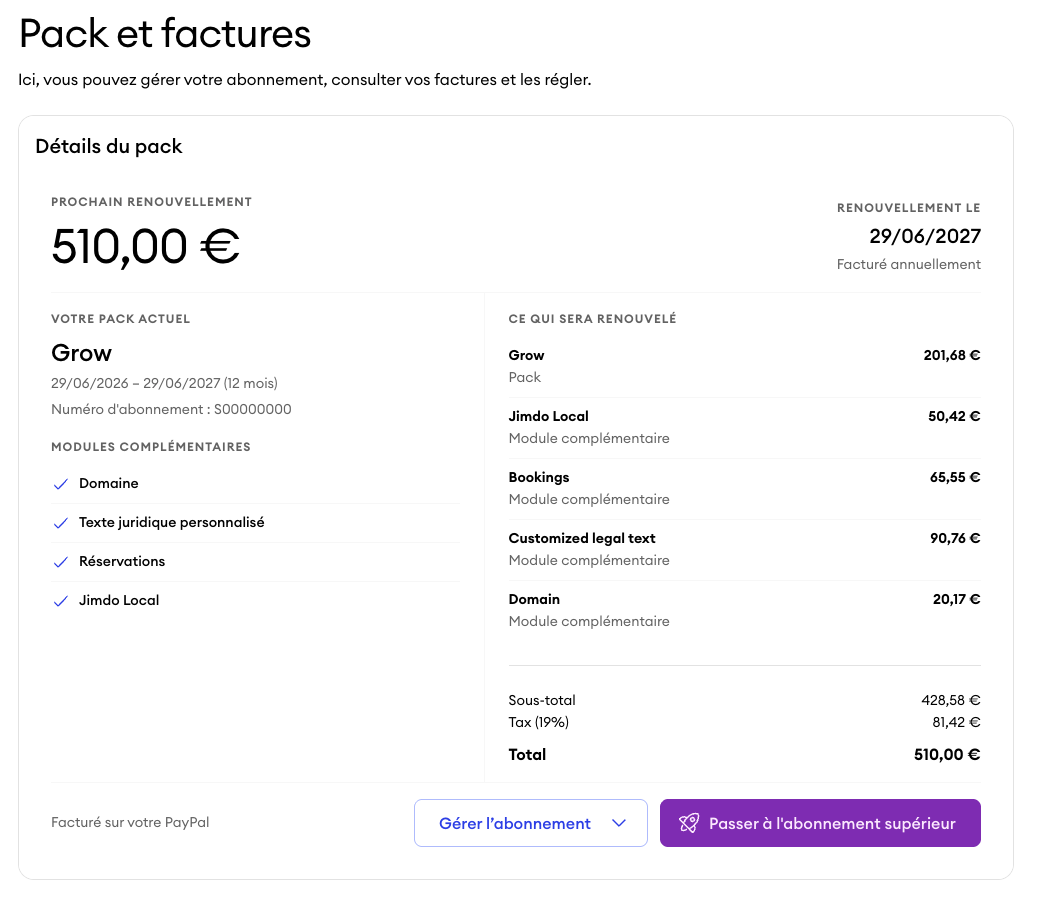 Capture d’écran du tableau de bord Jimdo montrant la section Ce que vous voyez sur la page avec une vue détaillée de l’abonnement, incluant le forfait principal, les modules complémentaires listés séparément, le détail des prix, la date de renouvellement et les réductions appliquées
