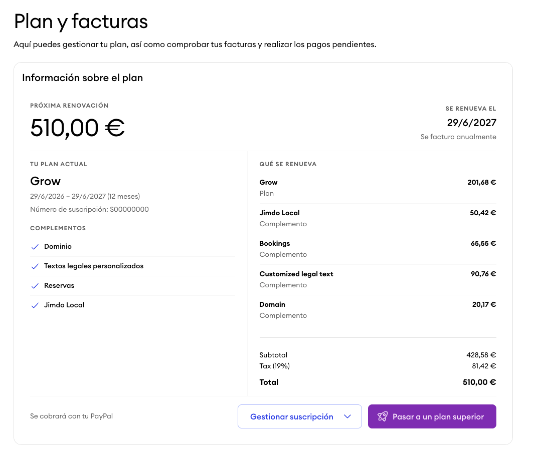 Captura de pantalla del panel de control de Jimdo mostrando la sección Lo que ves en la página con un desglose detallado de la suscripción, incluyendo el paquete principal, los complementos como elementos separados, el resumen de precios, la fecha de renovación y los descuentos aplicados