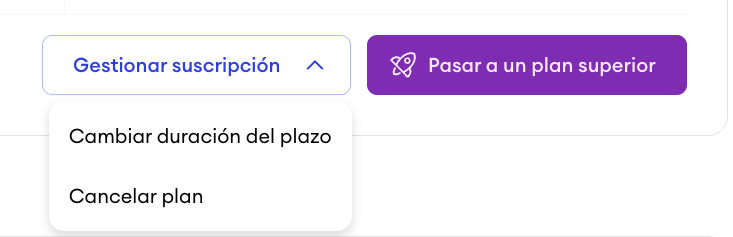 Captura de pantalla del menú Gestionar suscripción en el panel de control de Jimdo con opciones para cambiar el periodo de facturación y cancelar el paquete