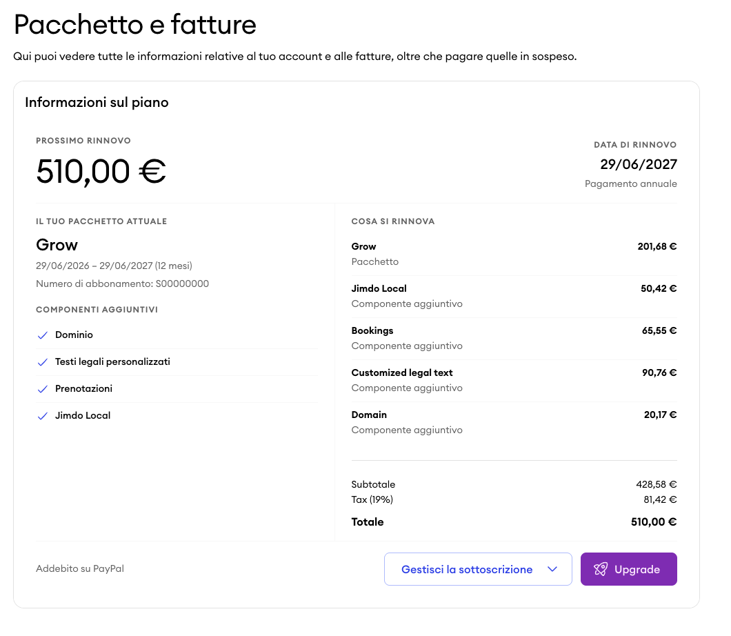 Screenshot del pannello di controllo Jimdo che mostra la sezione Cosa vedi nella pagina con una panoramica dettagliata dell’abbonamento, inclusi pacchetto principale, componenti aggiuntivi come elementi separati, riepilogo dei prezzi, data di rinnovo e sconti applicati