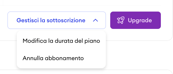 Screenshot del menu Gestire l’abbonamento nel pannello di controllo Jimdo con opzioni per modificare il periodo di fatturazione e annullare il pacchetto