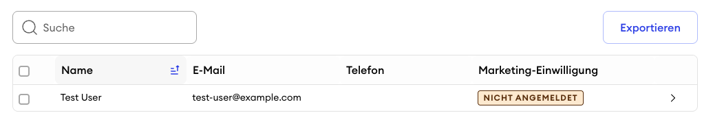Kontaktlistenansicht im Dashboard mit einem Kontakteintrag mit dem Status Nicht abonniert, der darauf hinweist, dass keine Marketing Zustimmung vorliegt.