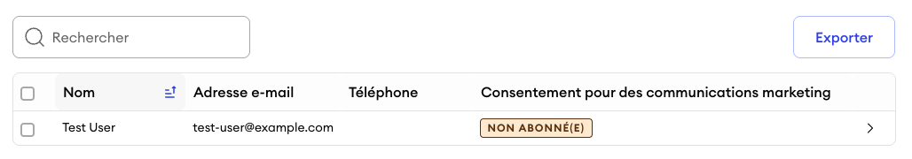 Vue de la liste de contacts dans le tableau de bord montrant une entrée de contact avec le statut Non abonné, indiquant qu’aucun consentement marketing n’a été donné.